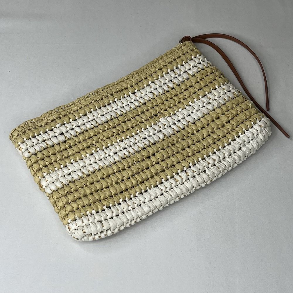 GAP Straw Clutch Bag Woven Zip Pouch Beige White Summer Beach Boho Women - Picture 15 of 15